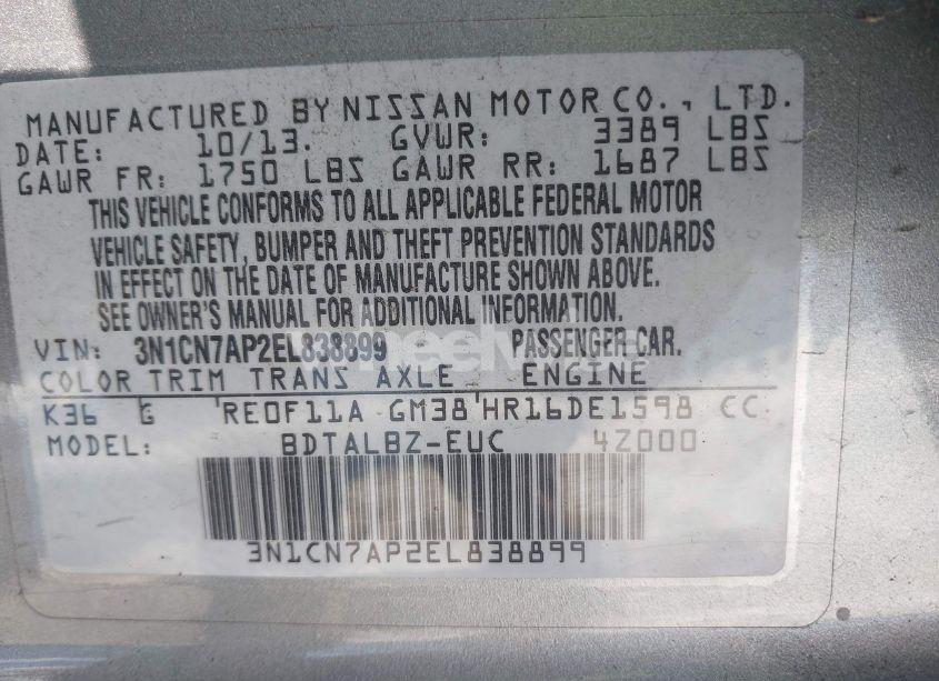 Photo 9 of 2014 Nissan Versa 1.6 SV (VIN 3N1CN7AP2EL838899)