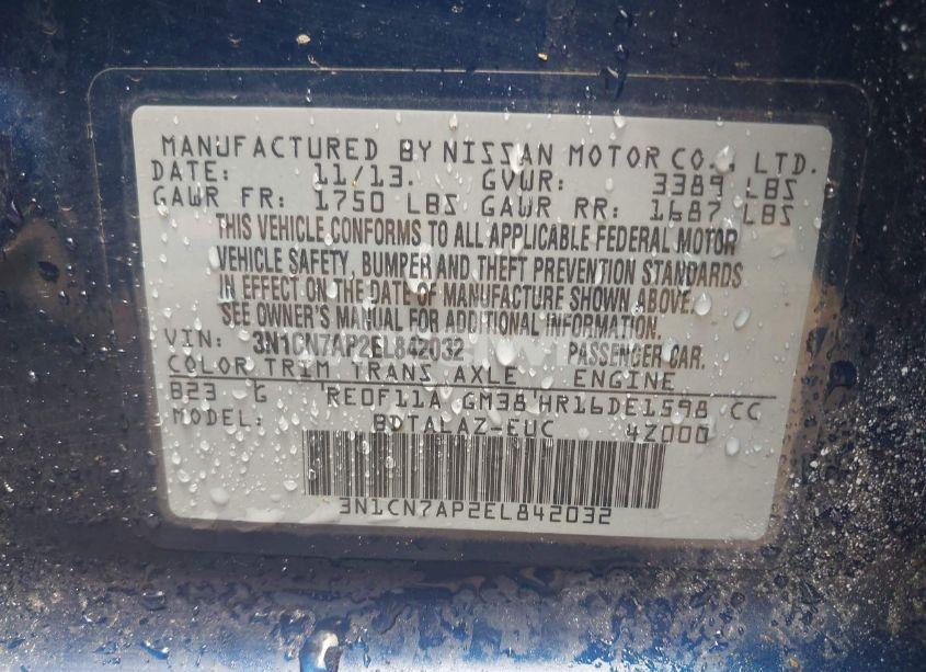 Photo 9 of 2014 Nissan Versa 1.6 S+ (VIN 3N1CN7AP2EL842032)