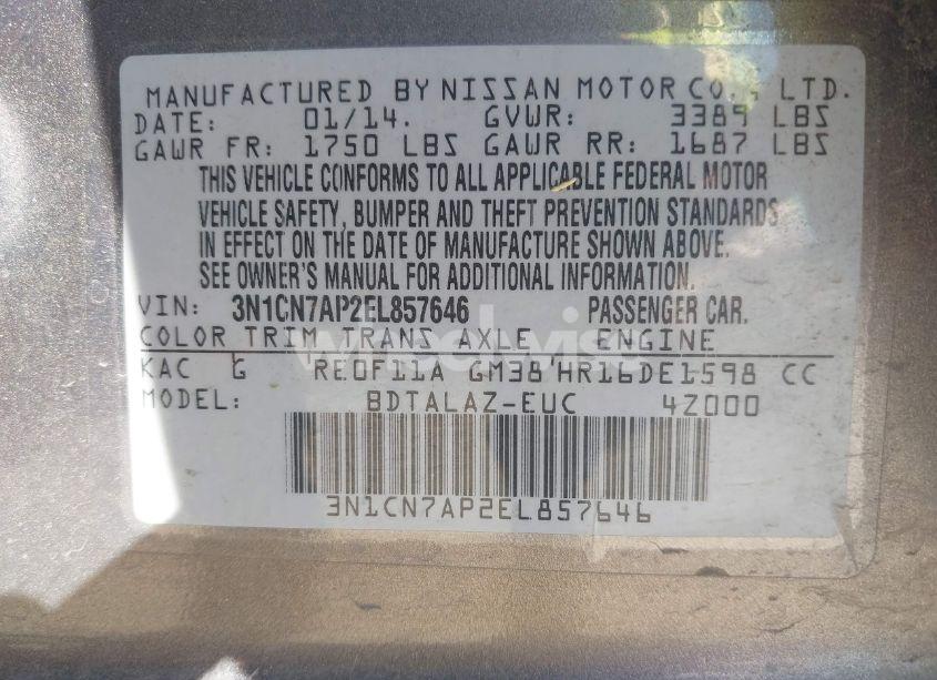 Photo 9 of 2014 Nissan Versa 1.6 S+ (VIN 3N1CN7AP2EL857646)
