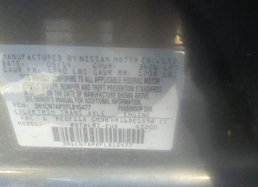 Photo 9 of 2015 Nissan Versa 1.6 S/1.6 S+/1.6 SL/1.6 SV (VIN 3N1CN7AP2FL815477)