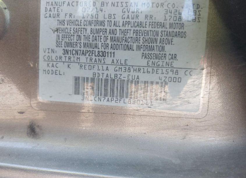 Photo 9 of 2015 Nissan Versa 1.6 SV (VIN 3N1CN7AP2FL830111)