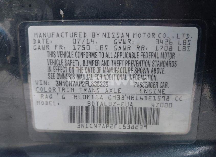 Photo 9 of 2015 Nissan Versa 1.6 S/1.6 S+/1.6 SL/1.6 SV (VIN 3N1CN7AP2FL838239)