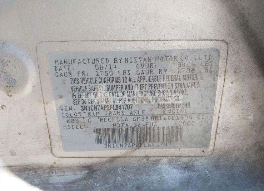 Photo 9 of 2015 Nissan Versa 1.6 S/1.6 S+/1.6 SL/1.6 SV (VIN 3N1CN7AP2FL841707)