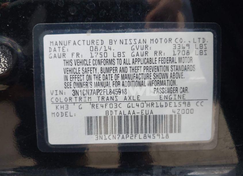 Photo 9 of 2015 Nissan Versa 1.6 S (VIN 3N1CN7AP2FL845918)