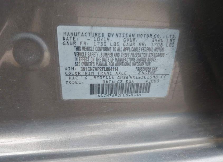 Photo 9 of 2015 Nissan Versa 1.6 SL (VIN 3N1CN7AP2FL864114)