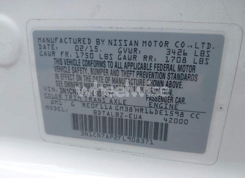 Photo 9 of 2015 Nissan Versa 1.6 S/1.6 S+/1.6 SL/1.6 SV (VIN 3N1CN7AP2FL908371)