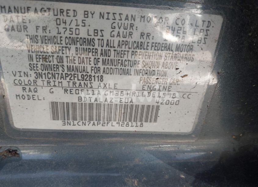 Photo 9 of 2015 Nissan Versa 1.6 S+ (VIN 3N1CN7AP2FL928118)