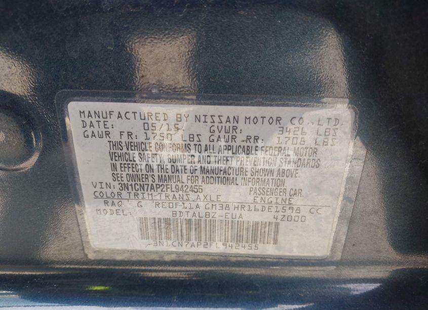 Photo 9 of 2015 Nissan Versa 1.6 SV (VIN 3N1CN7AP2FL942455)