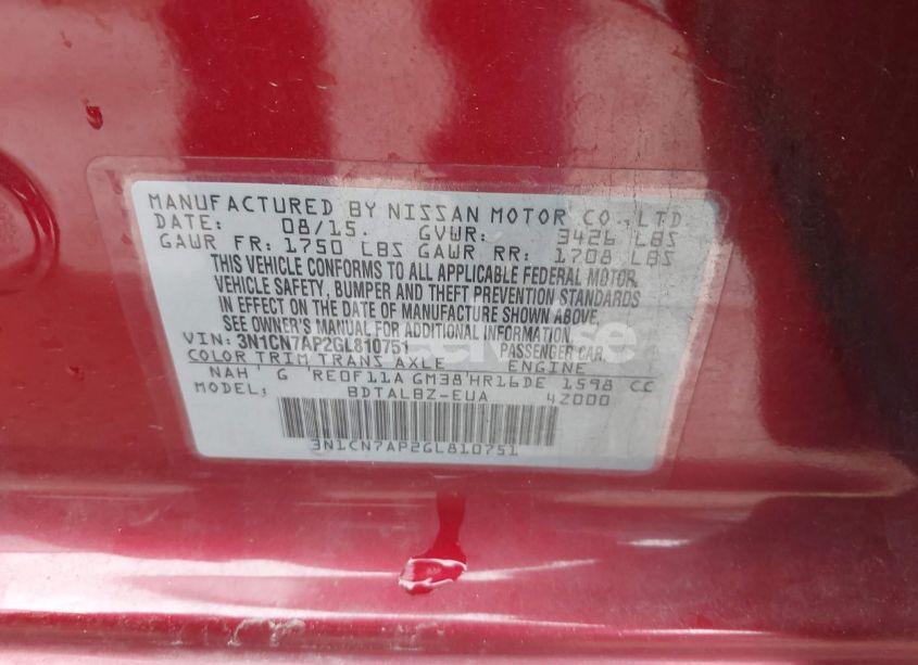 Photo 9 of 2016 Nissan Versa 1.6 S/1.6 S+/1.6 SL/1.6 SV (VIN 3N1CN7AP2GL810751)