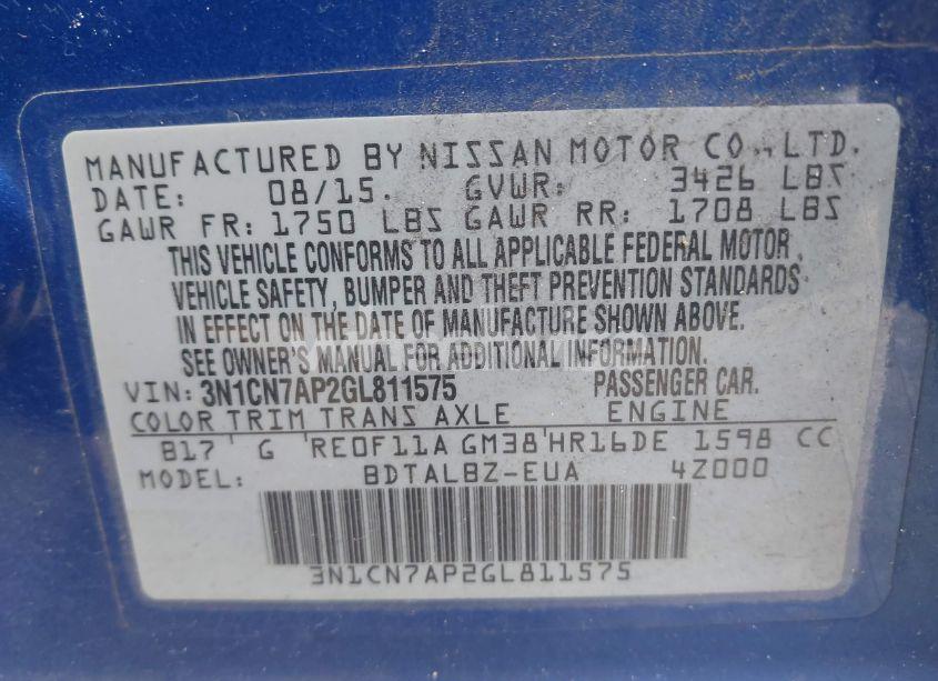 Photo 9 of 2016 Nissan Versa 1.6 S/1.6 S+/1.6 SL/1.6 SV (VIN 3N1CN7AP2GL811575)