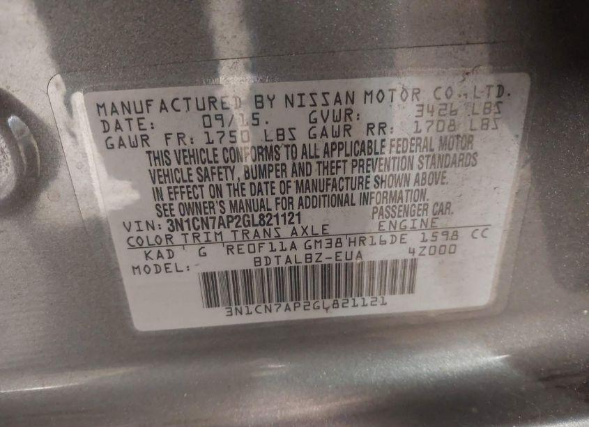 Photo 9 of 2016 Nissan Versa 1.6 SV (VIN 3N1CN7AP2GL821121)