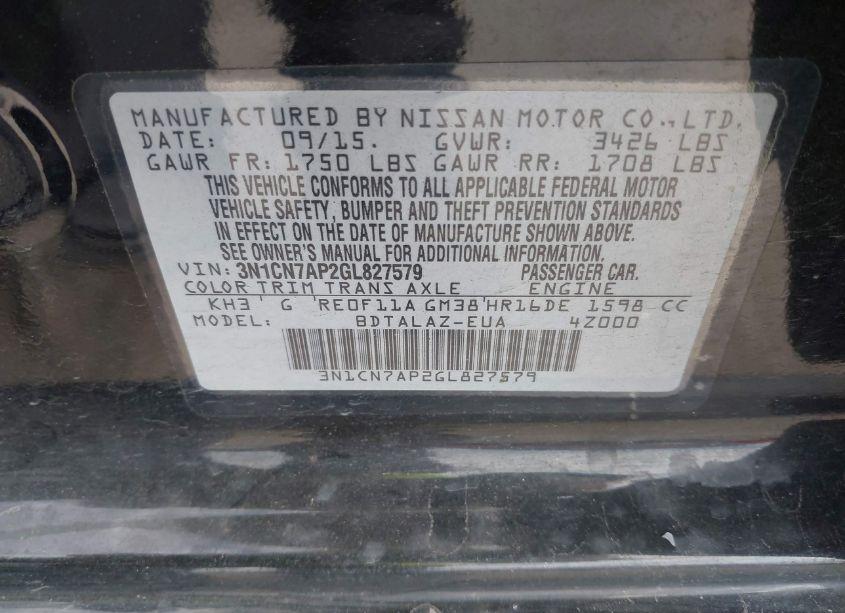 Photo 9 of 2016 Nissan Versa 1.6 S+ (VIN 3N1CN7AP2GL827579)