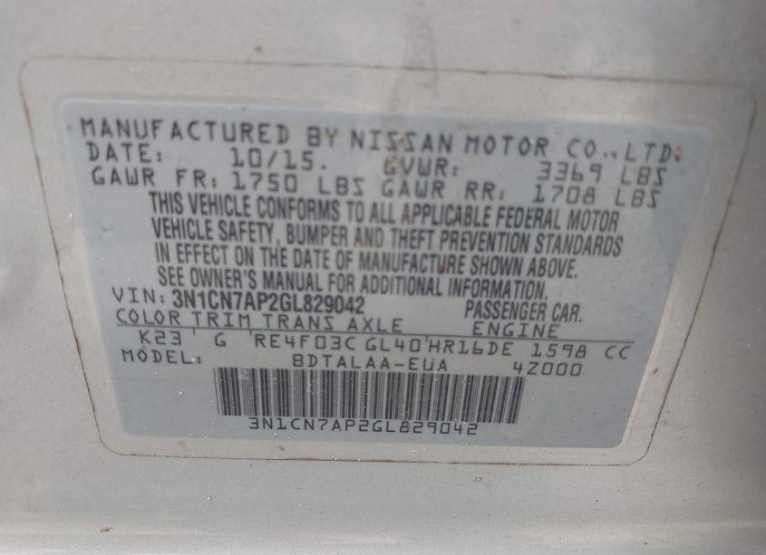 Photo 9 of 2016 Nissan Versa 1.6 S (VIN 3N1CN7AP2GL829042)