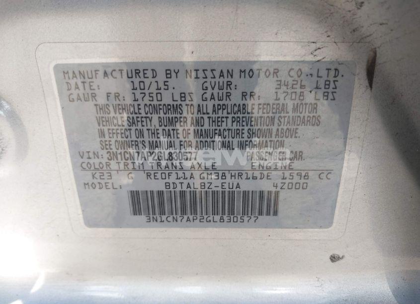 Photo 9 of 2016 Nissan Versa 1.6 S/1.6 S+/1.6 SL/1.6 SV (VIN 3N1CN7AP2GL830577)