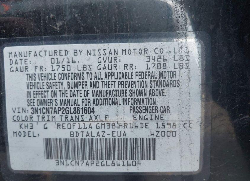 Photo 9 of 2016 Nissan Versa 1.6 S+ (VIN 3N1CN7AP2GL861604)