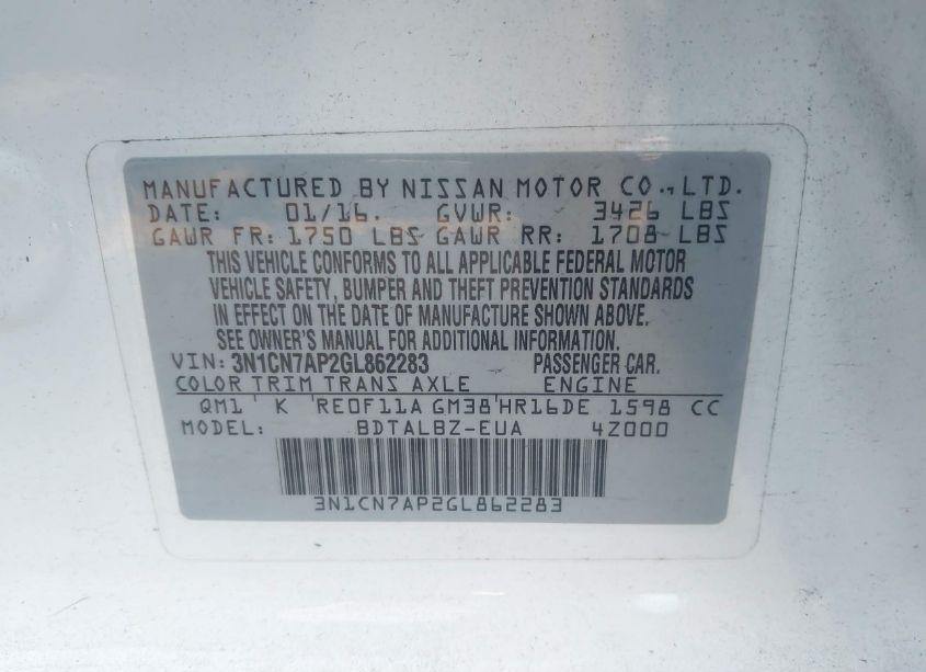 Photo 9 of 2016 Nissan Versa 1.6 SV (VIN 3N1CN7AP2GL862283)