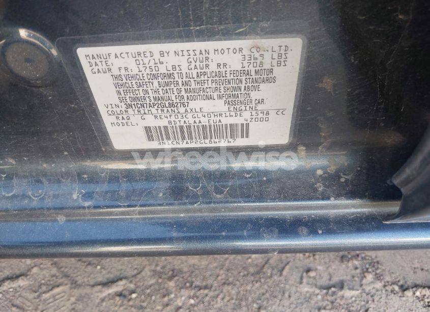 Photo 9 of 2016 Nissan Versa 1.6 S (VIN 3N1CN7AP2GL862767)