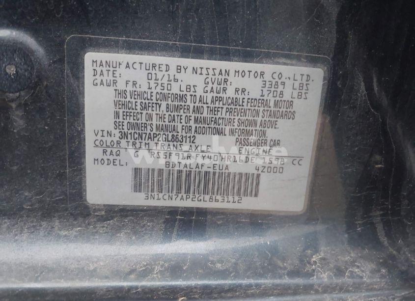 Photo 9 of 2016 Nissan Versa 1.6 S (VIN 3N1CN7AP2GL863112)