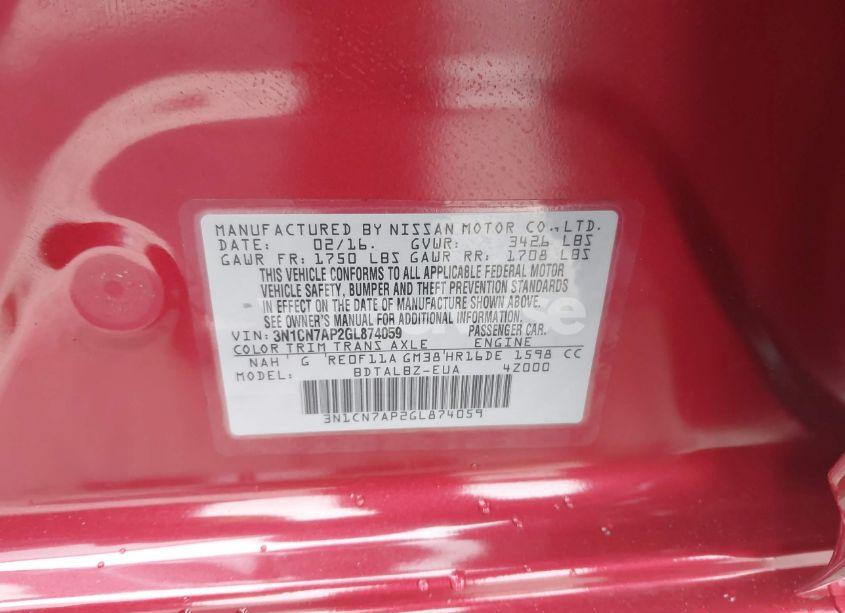 Photo 9 of 2016 Nissan Versa 1.6 SV (VIN 3N1CN7AP2GL874059)