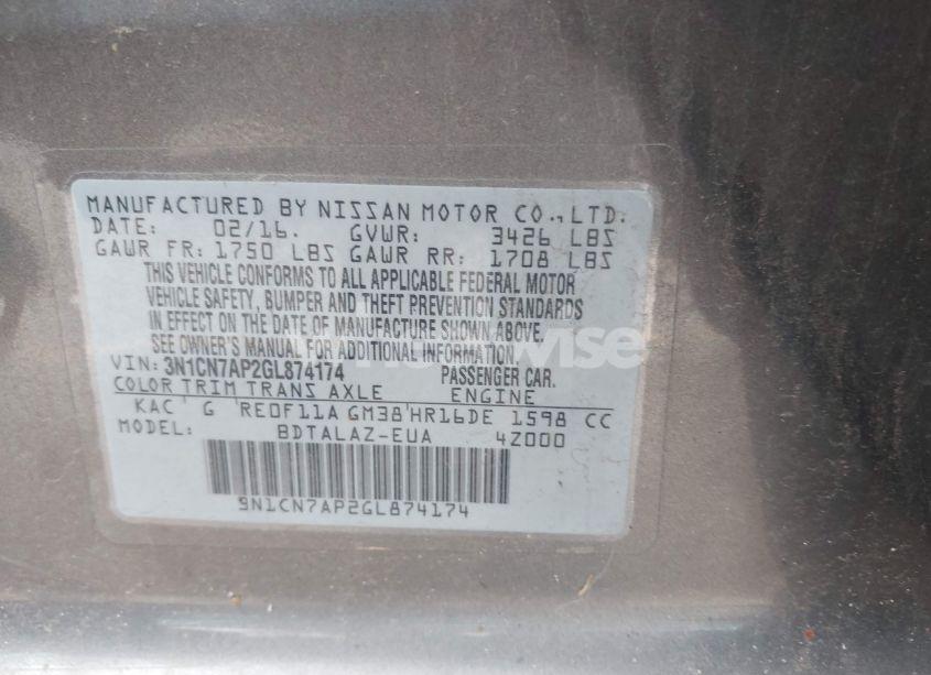 Photo 9 of 2016 Nissan Versa 1.6 S+ (VIN 3N1CN7AP2GL874174)