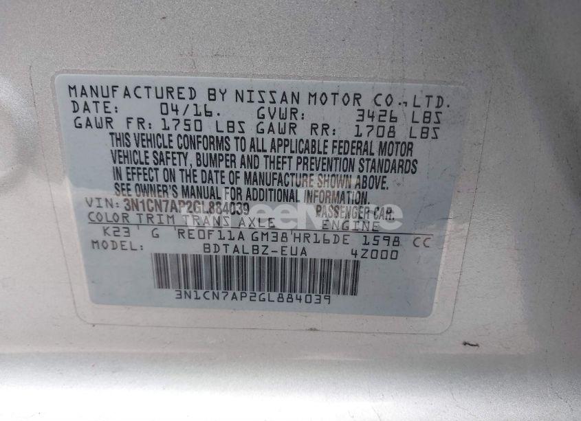 Photo 9 of 2016 Nissan Versa 1.6 SV (VIN 3N1CN7AP2GL884039)