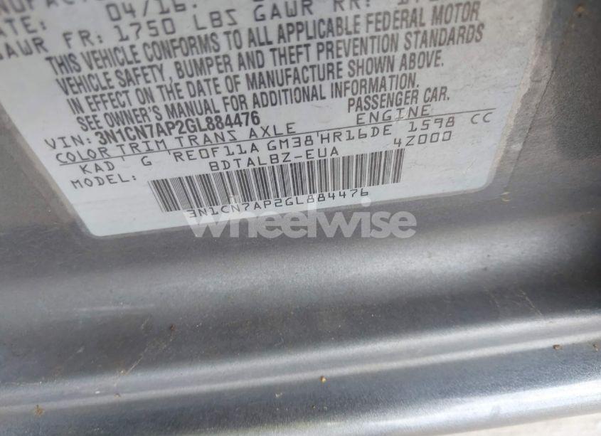 Photo 9 of 2016 Nissan Versa 1.6 S/1.6 S+/1.6 SL/1.6 SV (VIN 3N1CN7AP2GL884476)