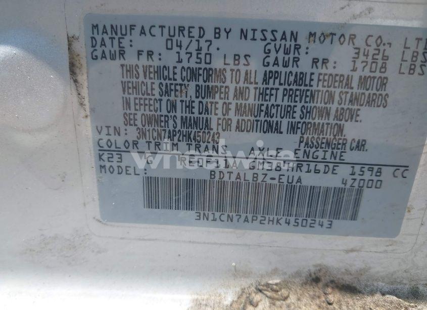 Photo 9 of 2017 Nissan Versa 1.6 SV (VIN 3N1CN7AP2HK450243)