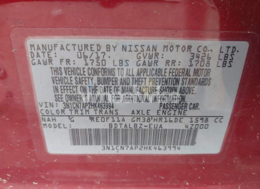 Photo 9 of 2017 Nissan Versa 1.6 SV (VIN 3N1CN7AP2HK463994)