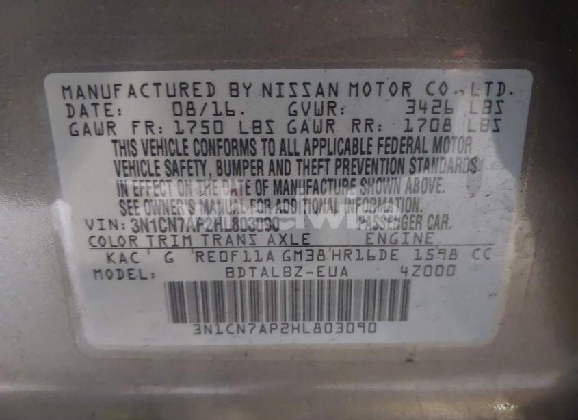 Photo 9 of 2017 Nissan Versa 1.6 S/1.6 S+/1.6 SL/1.6 SV (VIN 3N1CN7AP2HL803090)