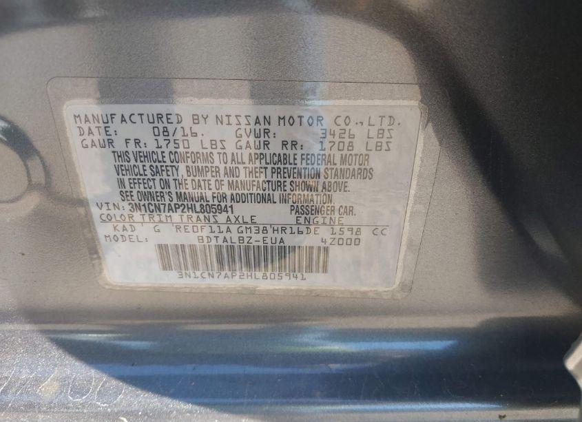 Photo 9 of 2017 Nissan Versa 1.6 SV (VIN 3N1CN7AP2HL805941)