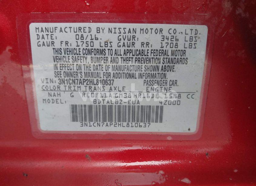 Photo 9 of 2017 Nissan Versa 1.6 SV (VIN 3N1CN7AP2HL810637)