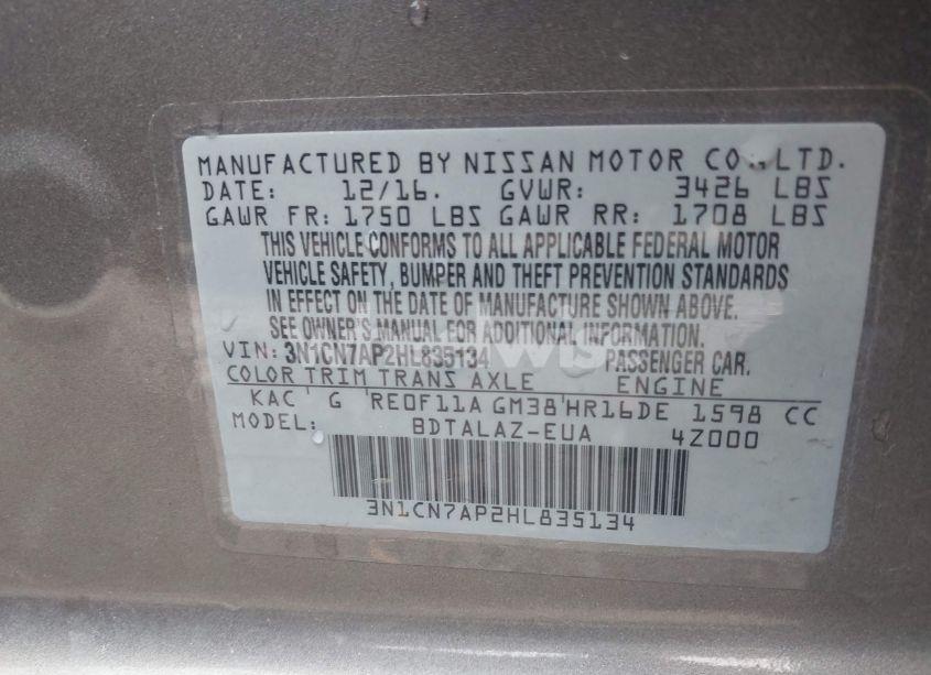 Photo 9 of 2017 Nissan Versa 1.6 S+ (VIN 3N1CN7AP2HL835134)