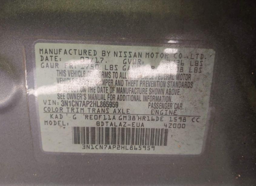 Photo 9 of 2017 Nissan Versa 1.6 S+ (VIN 3N1CN7AP2HL865959)