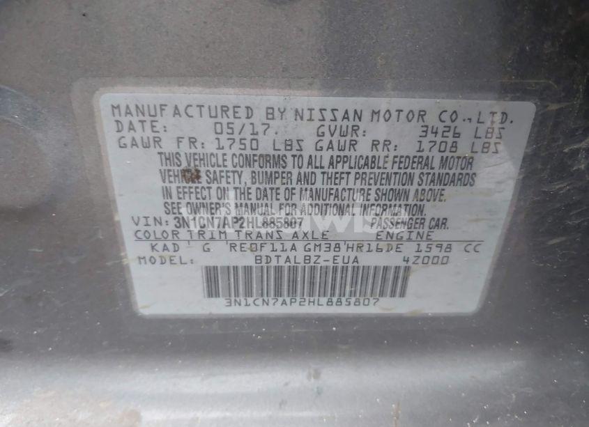 Photo 9 of 2017 Nissan Versa 1.6 SV (VIN 3N1CN7AP2HL885807)