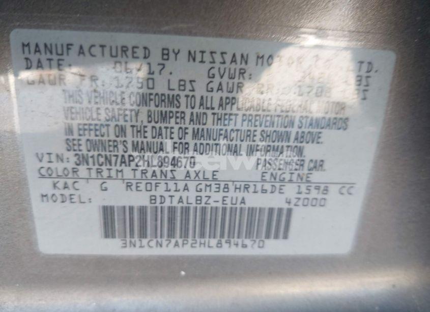 Photo 9 of 2017 Nissan Versa 1.6 SV (VIN 3N1CN7AP2HL894670)