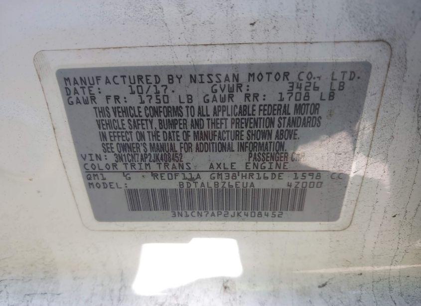 Photo 9 of 2018 Nissan Versa 1.6 SV (VIN 3N1CN7AP2JK408452)