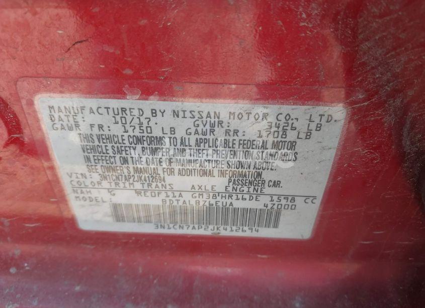 Photo 9 of 2018 Nissan Versa 1.6 SV (VIN 3N1CN7AP2JK412694)