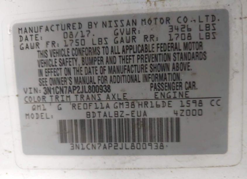 Photo 9 of 2018 Nissan Versa 1.6 SV (VIN 3N1CN7AP2JL800938)