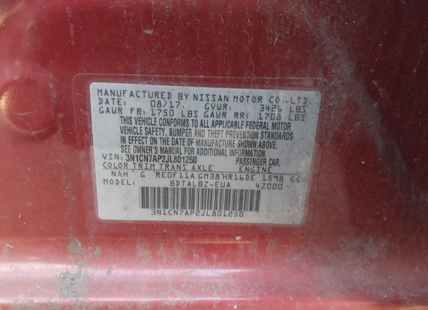 Photo 9 of 2018 Nissan Versa 1.6 SV (VIN 3N1CN7AP2JL801250)