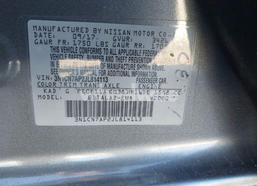 Photo 9 of 2018 Nissan Versa 1.6 S+ (VIN 3N1CN7AP2JL814113)