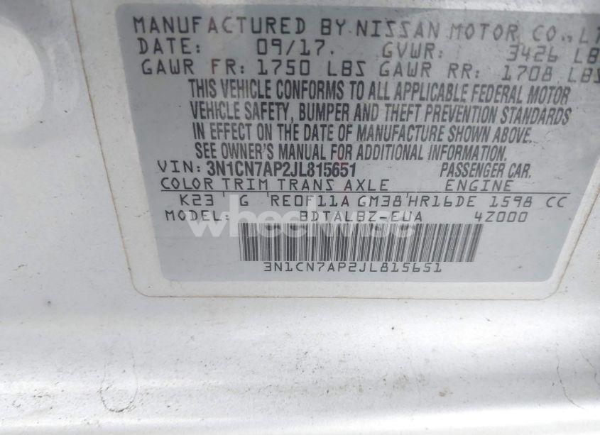 Photo 9 of 2018 Nissan Versa 1.6 SV (VIN 3N1CN7AP2JL815651)