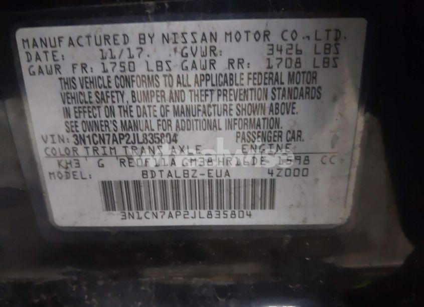 Photo 9 of 2018 Nissan Versa 1.6 SV (VIN 3N1CN7AP2JL835804)