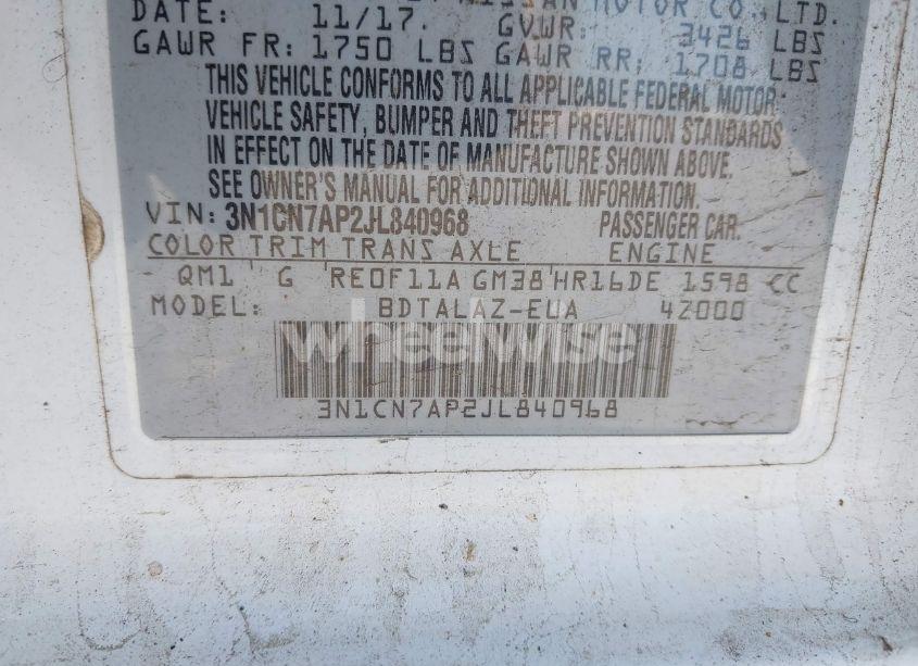 Photo 9 of 2018 Nissan Versa 1.6 S+ (VIN 3N1CN7AP2JL840968)