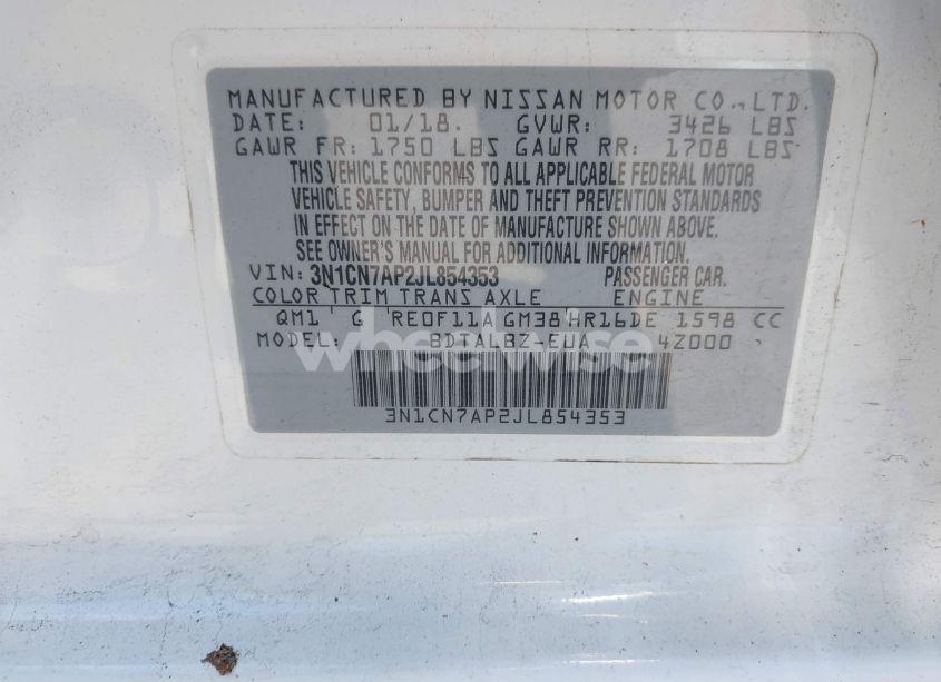 Photo 9 of 2018 Nissan Versa 1.6 SV (VIN 3N1CN7AP2JL854353)