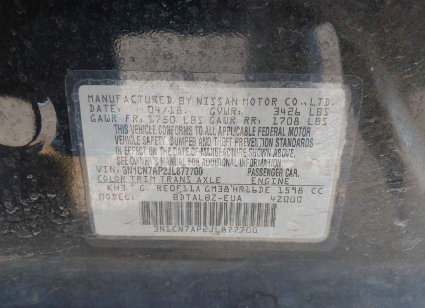 Photo 9 of 2018 Nissan Versa 1.6 SV (VIN 3N1CN7AP2JL877700)