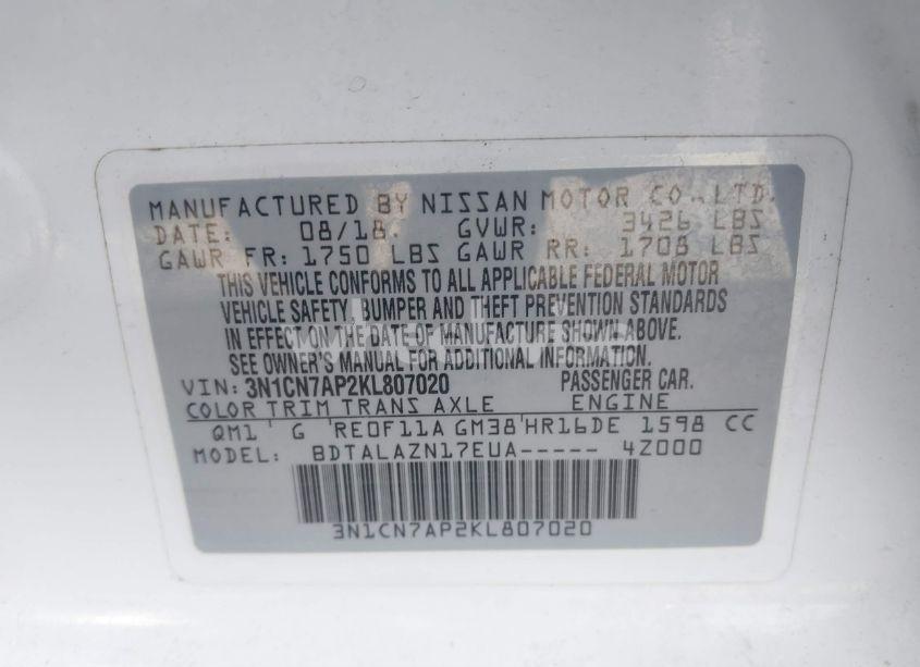 Photo 9 of 2019 Nissan Versa 1.6 S+ (VIN 3N1CN7AP2KL807020)