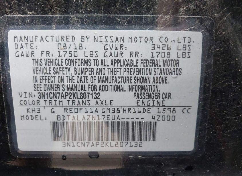 Photo 9 of 2019 Nissan Versa 1.6 S+ (VIN 3N1CN7AP2KL807132)