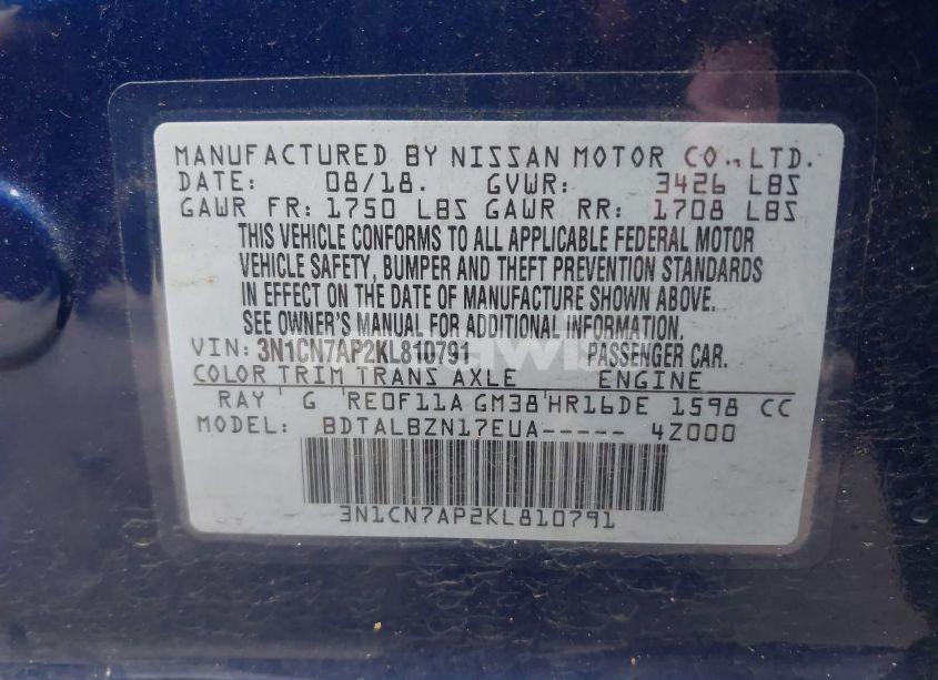 Photo 9 of 2019 Nissan Versa SEDAN (VIN 3N1CN7AP2KL810791)