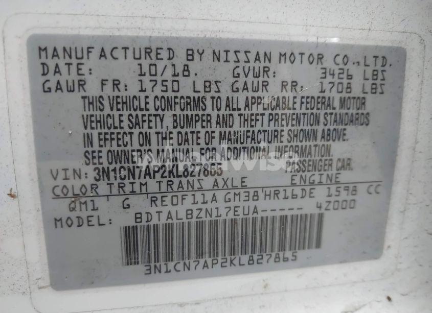 Photo 9 of 2019 Nissan Versa 1.6 SV (VIN 3N1CN7AP2KL827865)