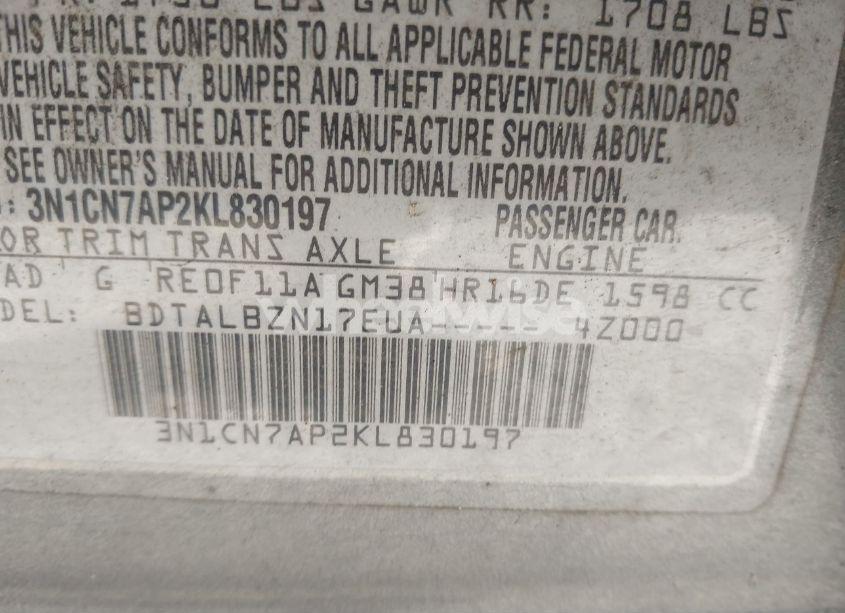 Photo 9 of 2019 Nissan Versa 1.6 SV (VIN 3N1CN7AP2KL830197)